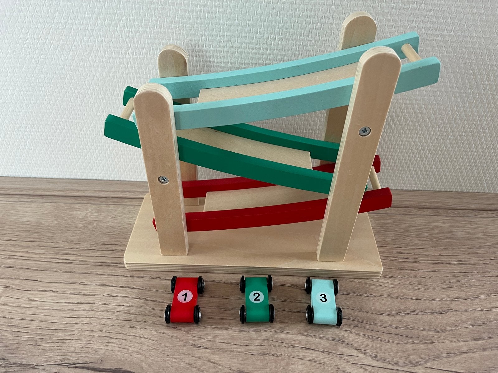Houten zig-zag racebaan met 3 Wagentjes, Ophalen of Verzenden, Zo goed als nieuw