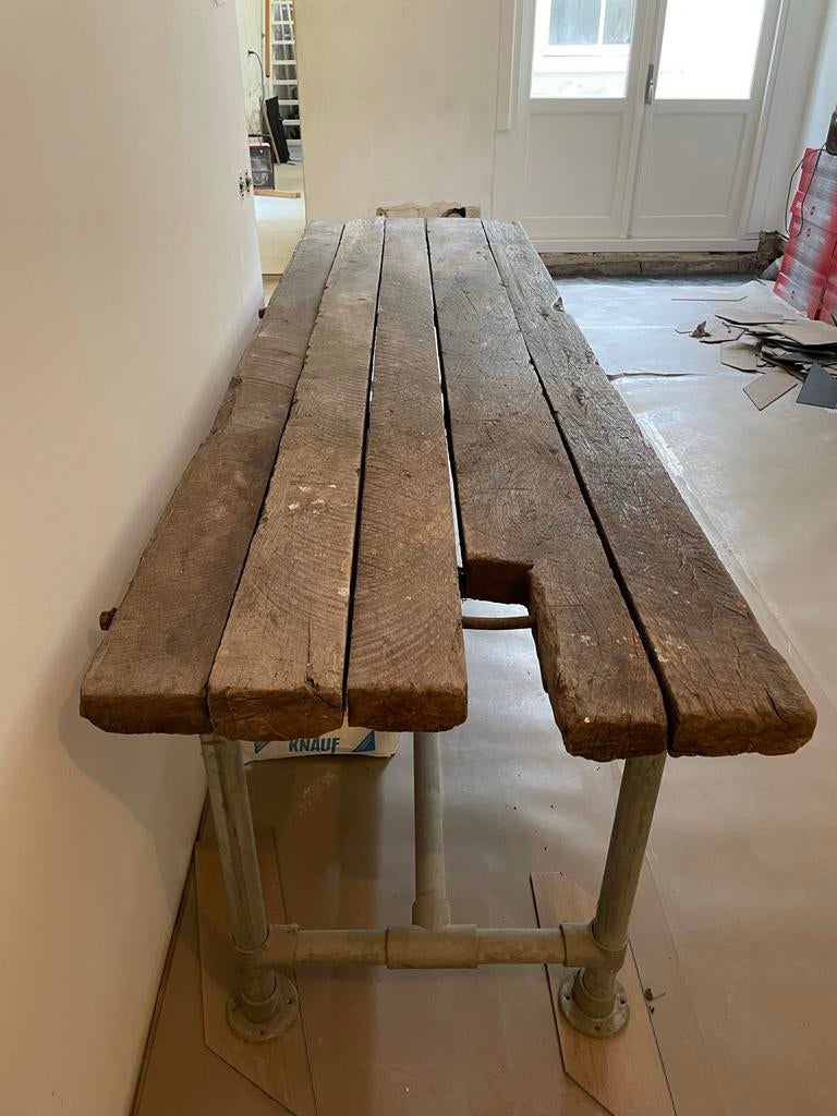 Robuuste tafel met steigerbuis onderstel, Ophalen, Gebruikt, 200 cm of meer, 50 tot 100 cm