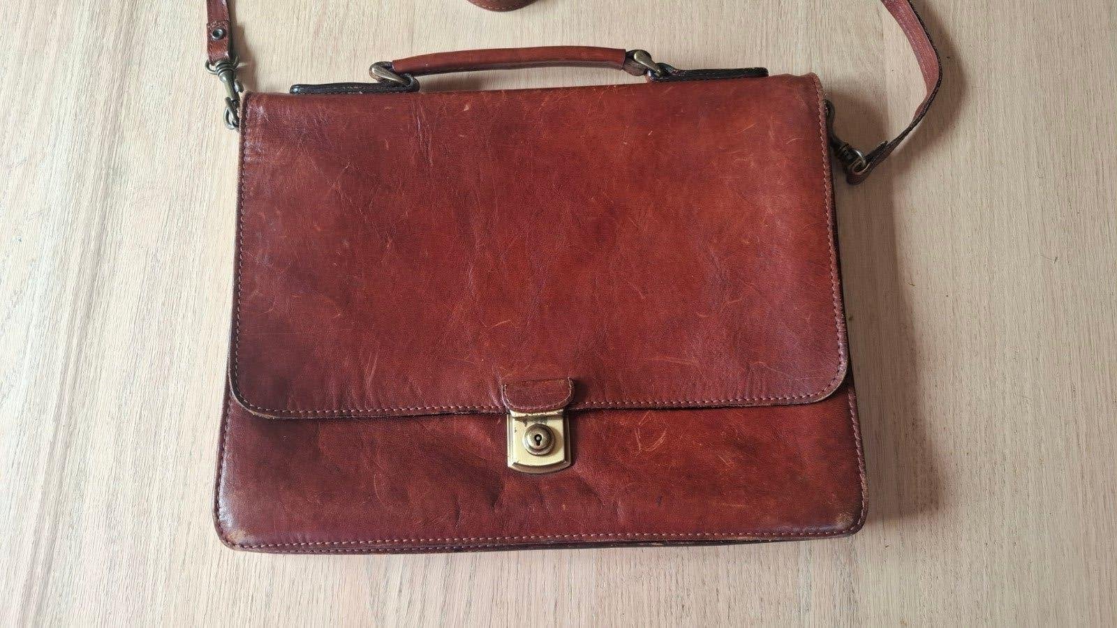 Vintage leren cognackleurige My Lady schoudertas, aktetas, Ophalen of Verzenden, Gebruikt, Bruin, Leer