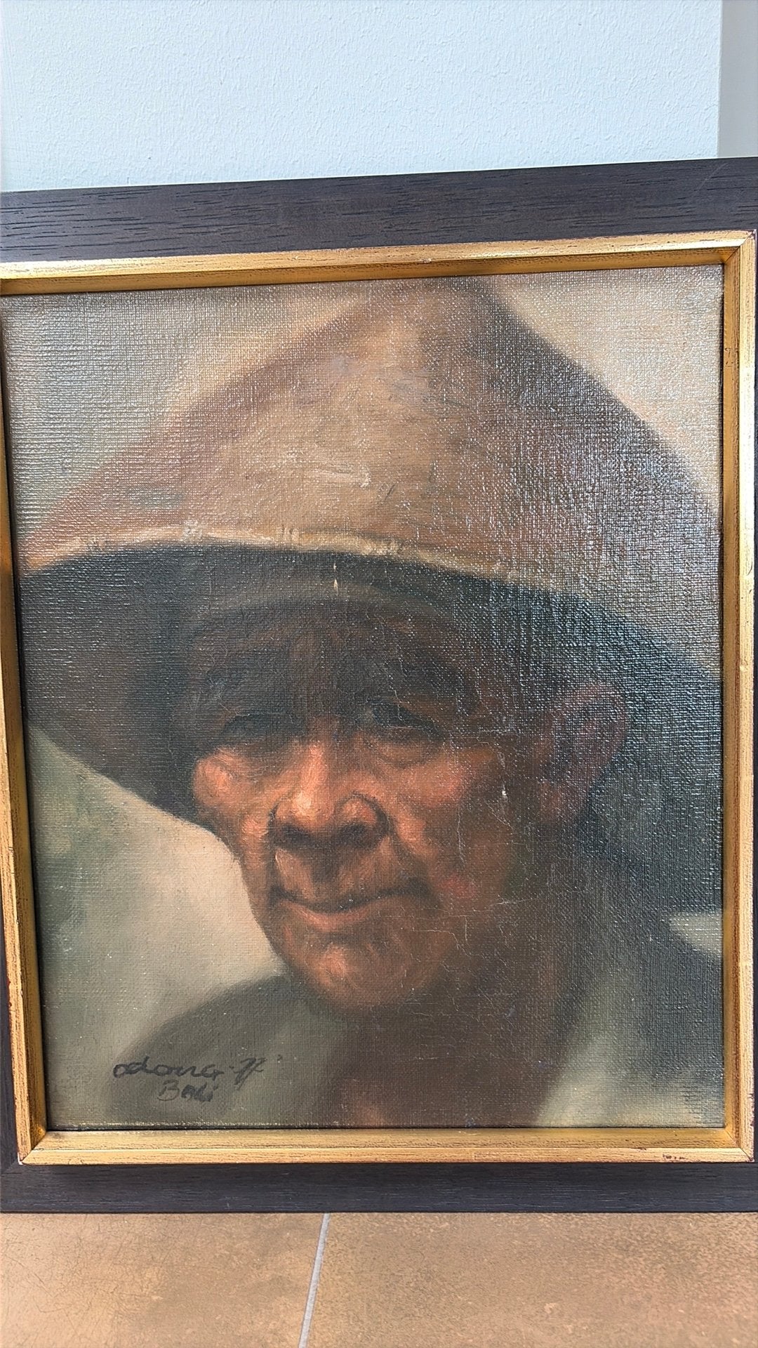 Schilderij Odong Junaidi (1977) van oude man Bali, Gesigneerd, Doek, Portret of Personen, Realistisch