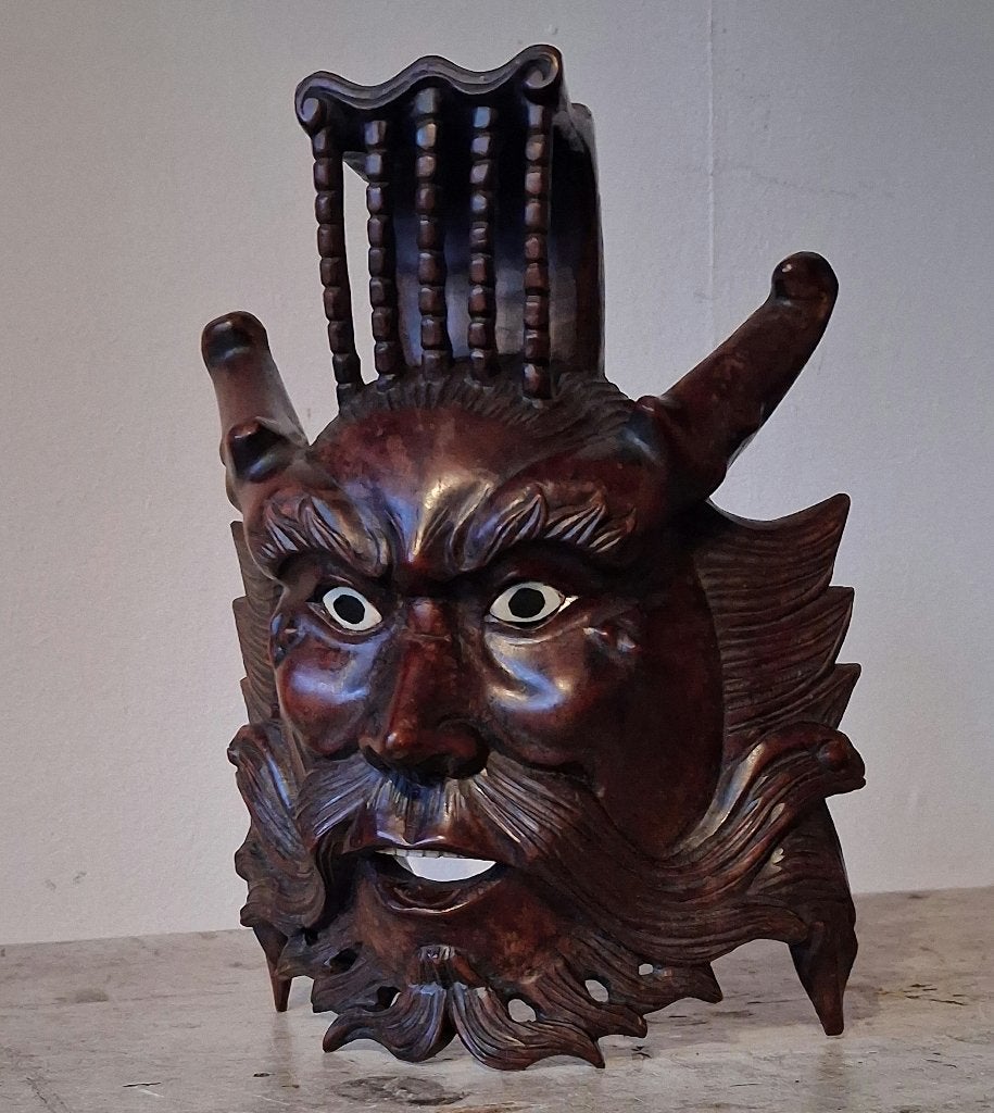 Antiek Chinees Rozenhouten Masker 1900-1930, Minder dan 20 cm, Rood, Gepatineerd, Hout