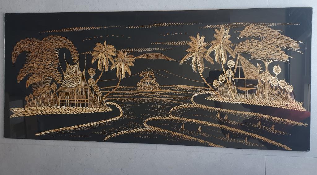 Paneel zwart linnen met goud opgelegd Bamboe met glasplaat, Ophalen of Verzenden, Zo goed als nieuw