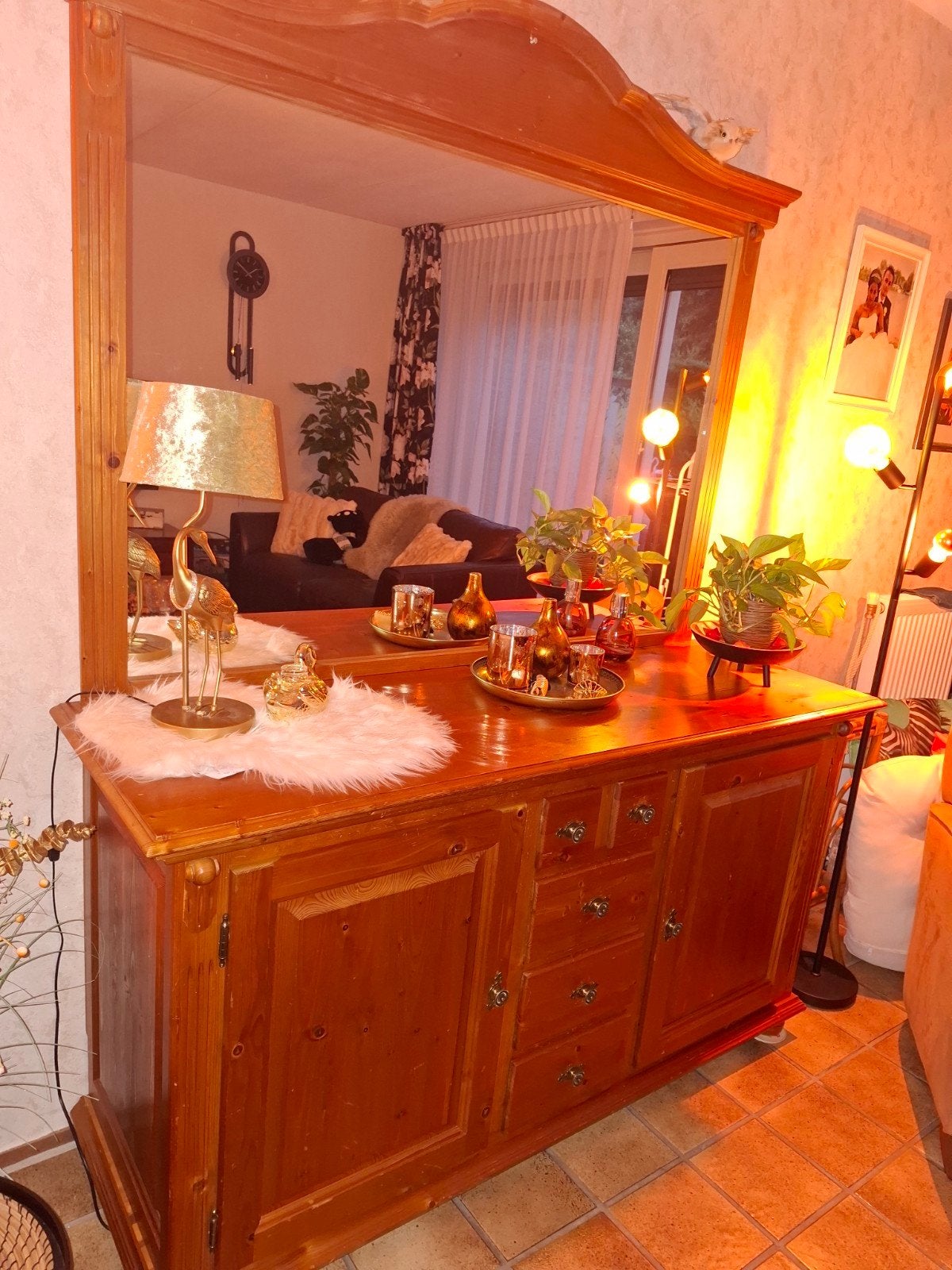 Mooie grenen  dressoir  met grote spiegel, Ophalen, Gebruikt, Met deur(en), 150 tot 200 cm