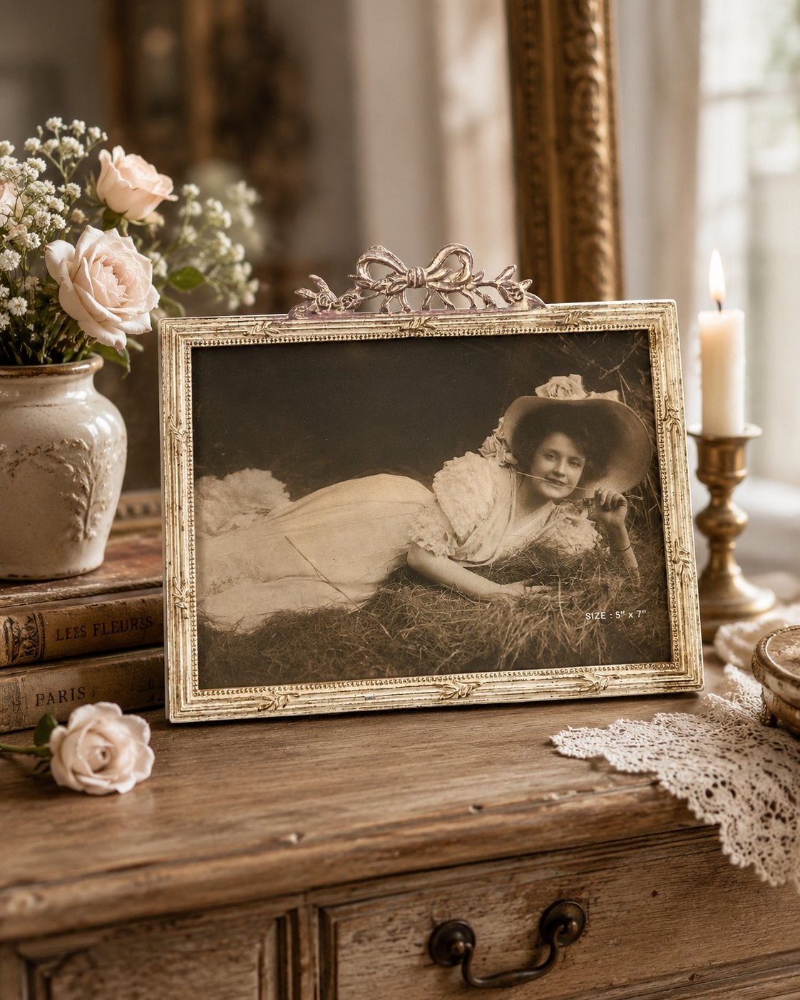 Vintage fotolijst met strikdetail, crème, Gebruikt, Ophalen of Verzenden, Fotolijst, Metaal