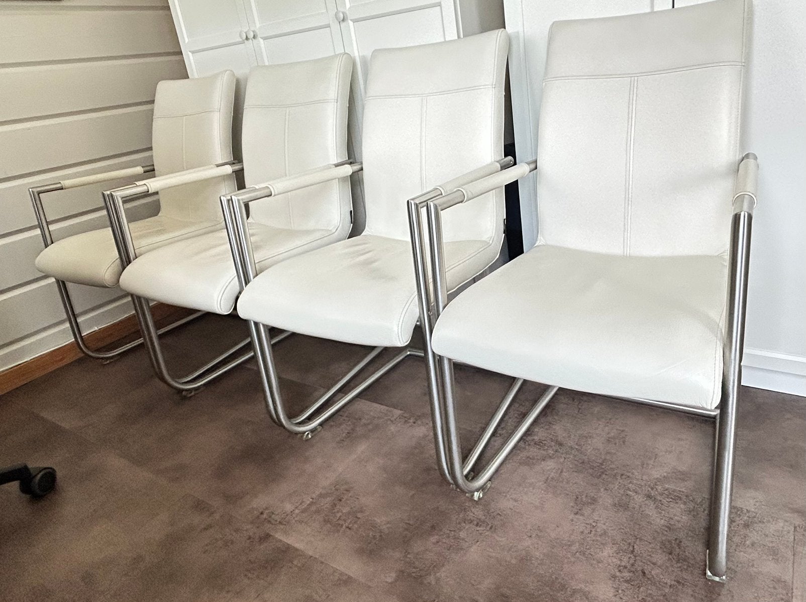 Leren eetkamerstoelen, set van 4, gebroken wit, Ophalen, Gebruikt, Wit, Leer