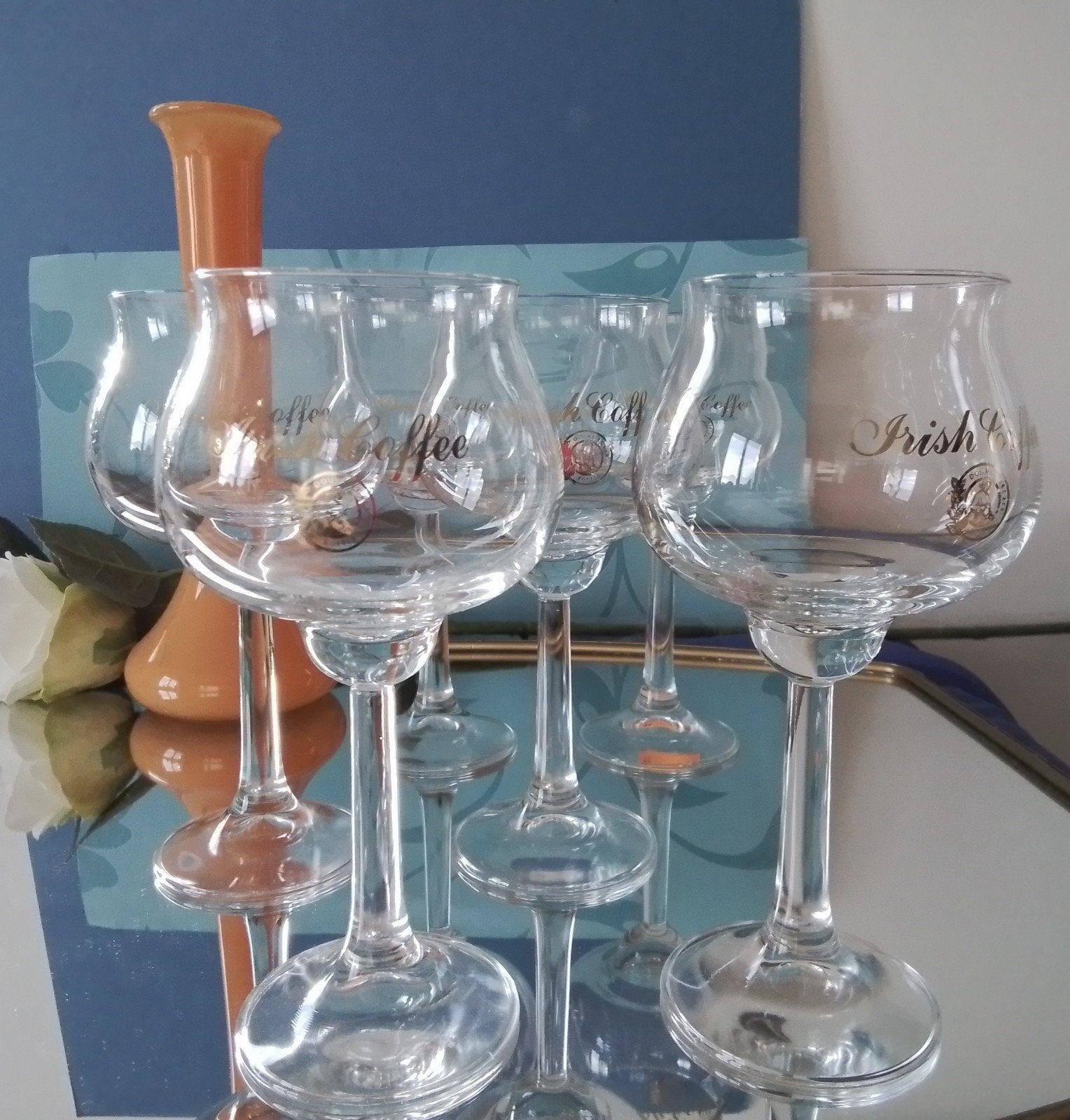 6 D.E. Irish Coffee Glazen met gouden opdruk, Goud, Ophalen of Verzenden, Zo goed als nieuw, Glas