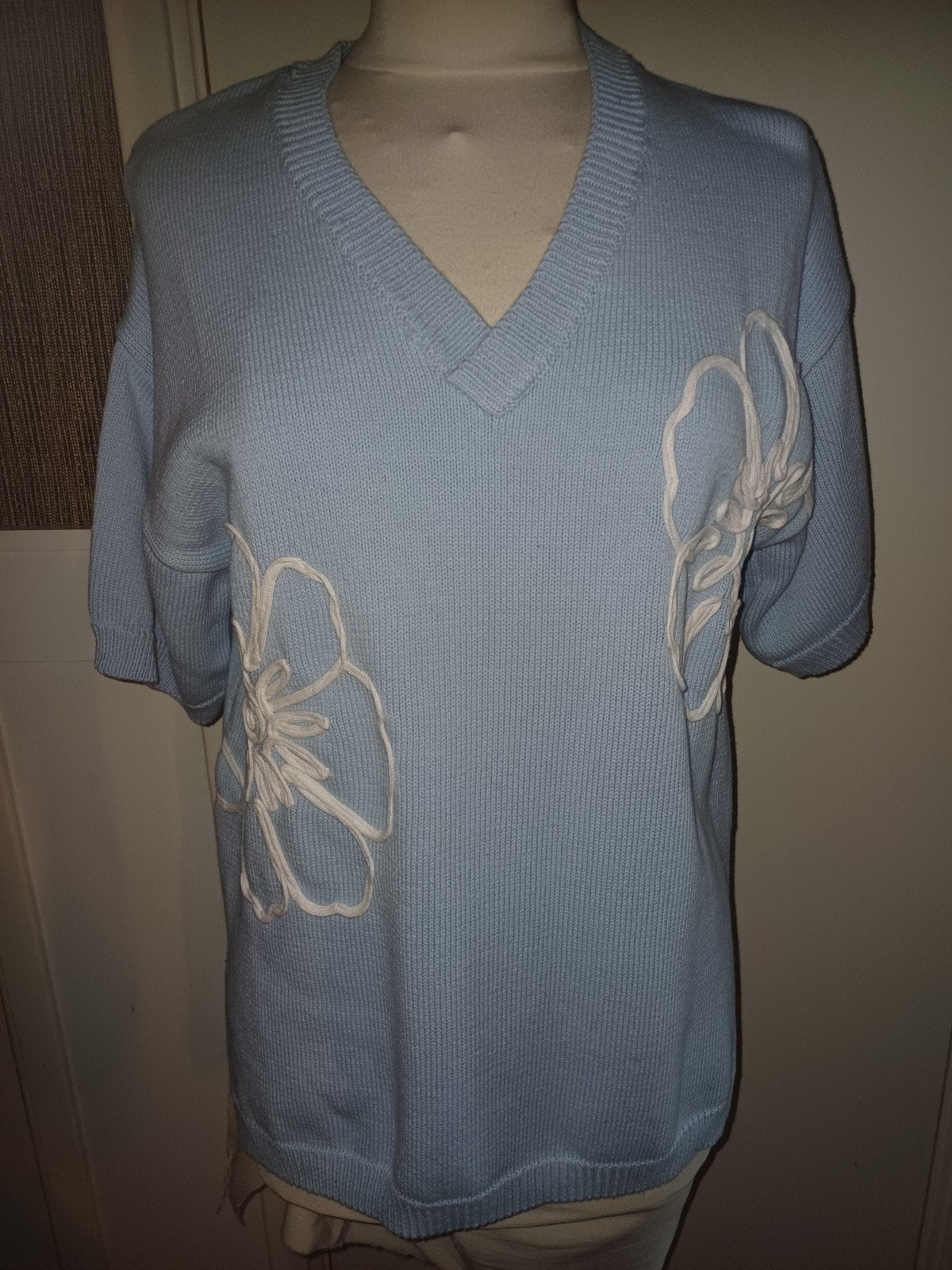 Fijngebreide V-hals oversized trui met bloem applicatie, Mp, Mp, Blauw, Nieuw