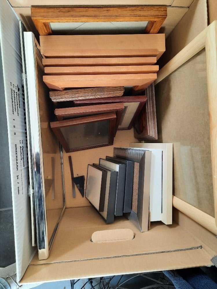 DOOS MET plm. 20 FOTOLIJSTJES, Audio, Tv en Foto, Fotografie | Fotolijsten, Ophalen, Gebruikt, Sierrand, Standaard fotolijst