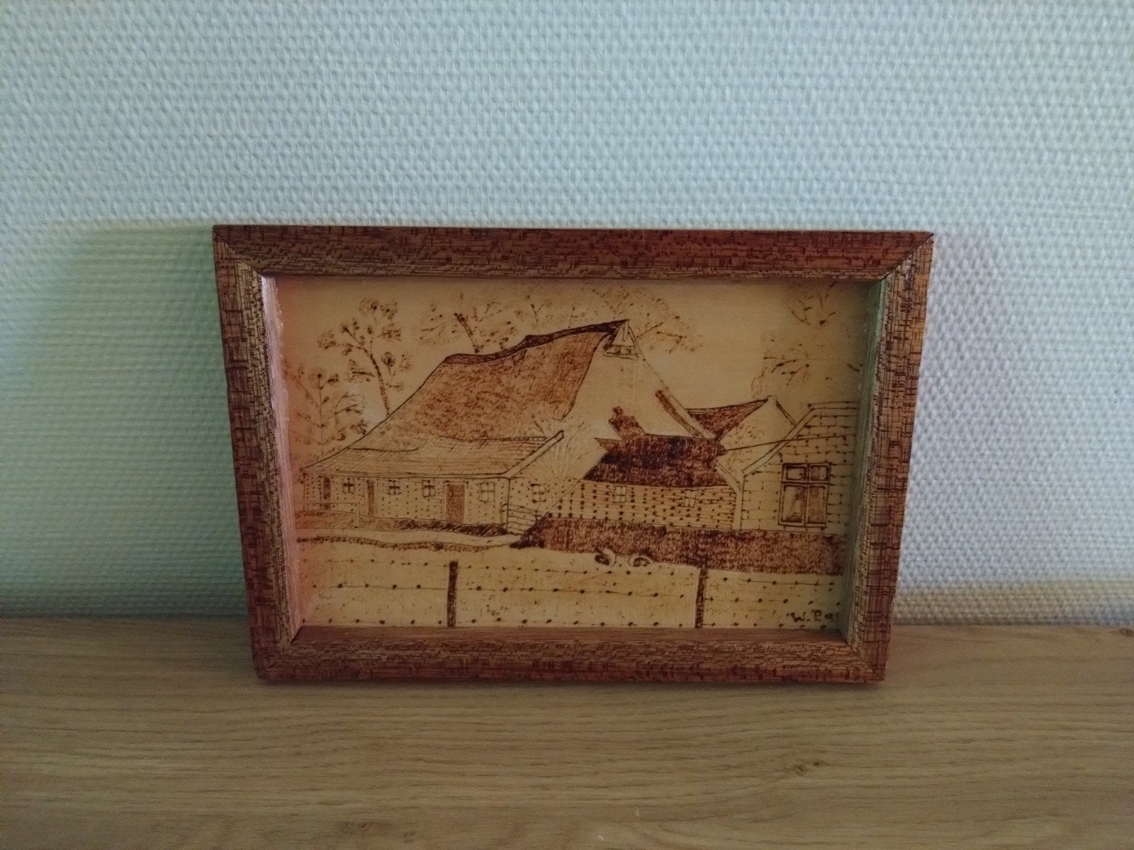 Ouderwetse schilderij met een afbeelding van een boerderij., Ophalen of Verzenden