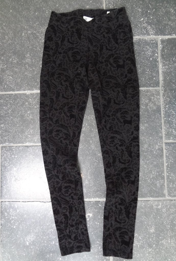 Broek (stretch) mt 164, zwart + print, fluweel achtige stof, Kinderen en Baby's, Kinderkleding | Maat 164, Broek, Meisje, H&M