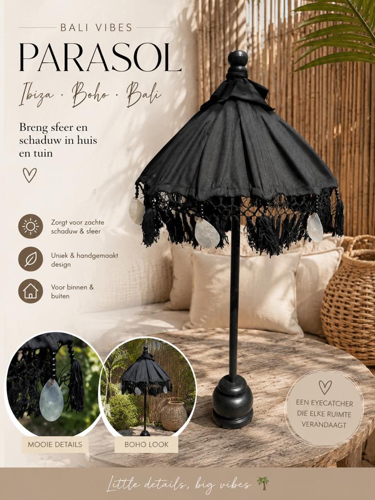 Bali Vibes Tafelparasol - Zwart - Nieuw (webshop opheffing), Tuin en Terras, Parasols, Ophalen of Verzenden, Nieuw, Minder dan 1 meter