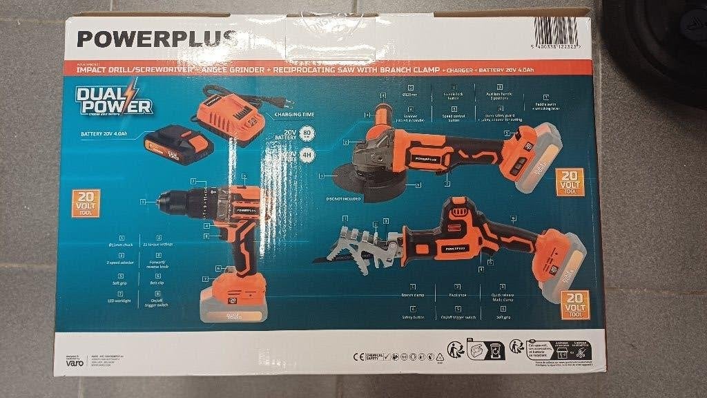 powerplus 3 delige 20v toolset + lader + batterij 4ah nieuw, Nieuw, Ophalen of Verzenden, Powerplus, Minder dan 600 watt