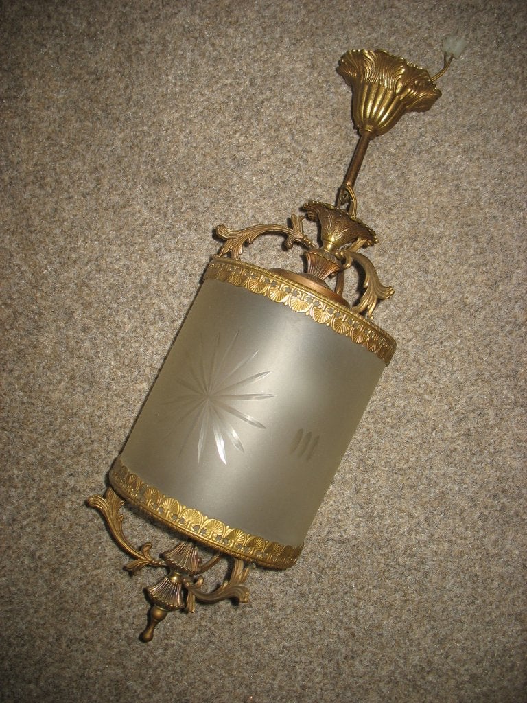 Plafond Hanglamp Koper met Geslepen Melkglas Vintage, Ophalen, Zo goed als nieuw, Glas, Vintage