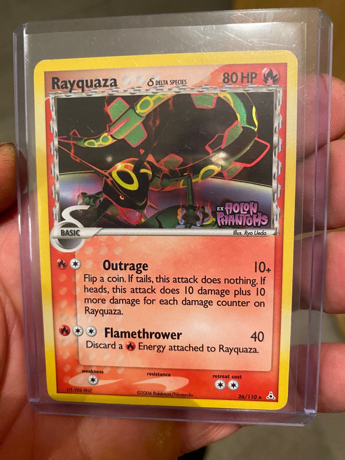 Holo Rayquaza vintage stamped pokemon kaart, Verzenden, Zo goed als nieuw