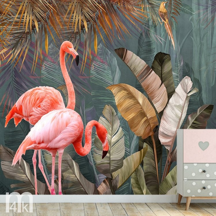Flamingo Jungle behang vinyl fotobehang Standaard & Op maat, Verzenden