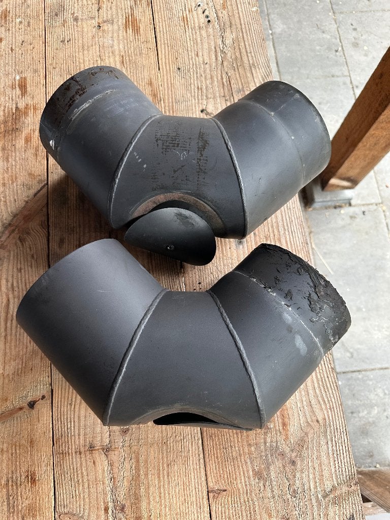 Kachelpijp 90 graden bocht 2mm zwart staal inspectie luik, Ophalen of Verzenden, Gebruikt, Vrijstaande haard, Houthaard