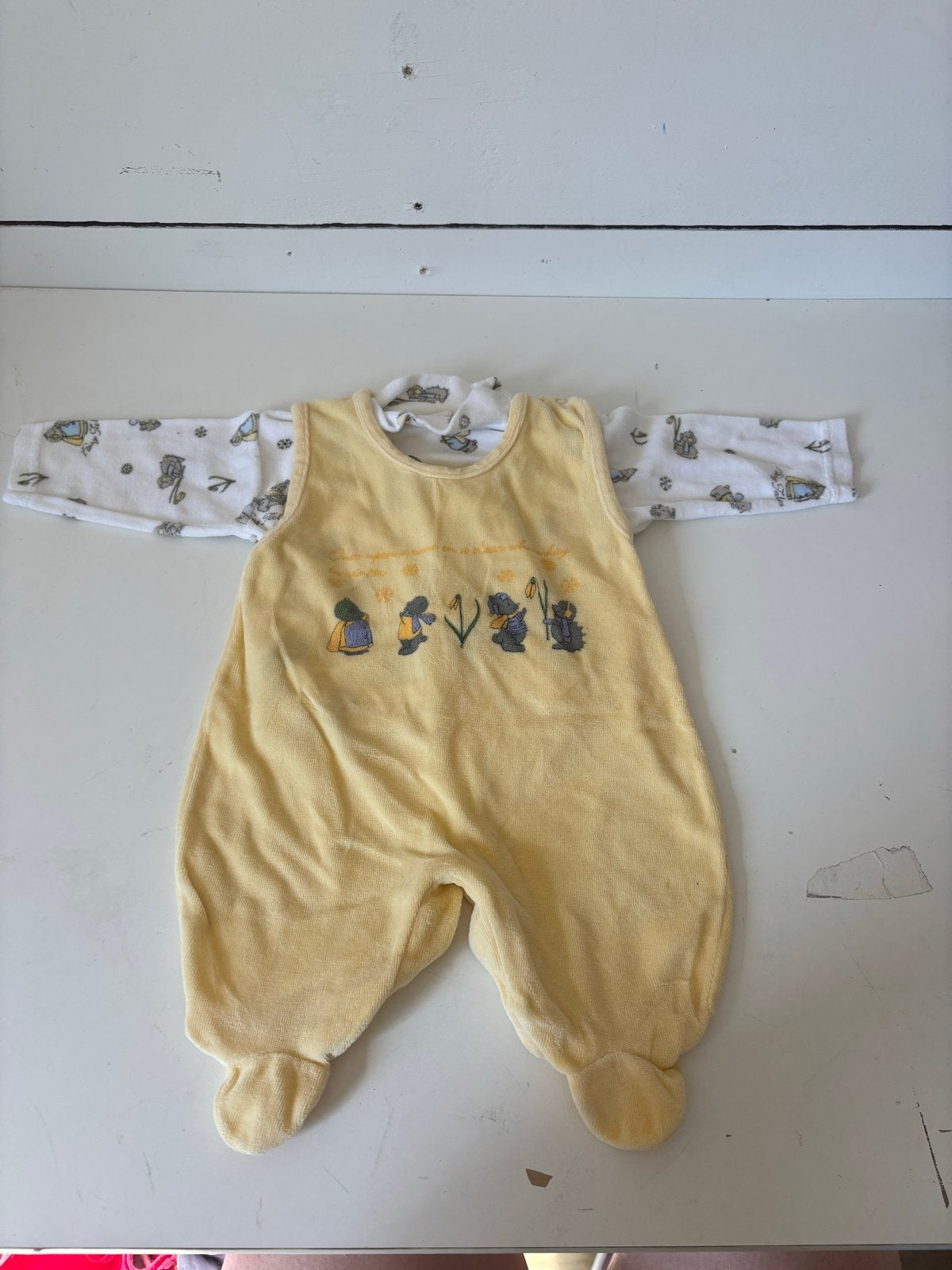 Vintage Gele Baby Slaapzak Maat 50/56 met Dierenprint, Ophalen of Verzenden, Gebruikt, Jongetje of Meisje