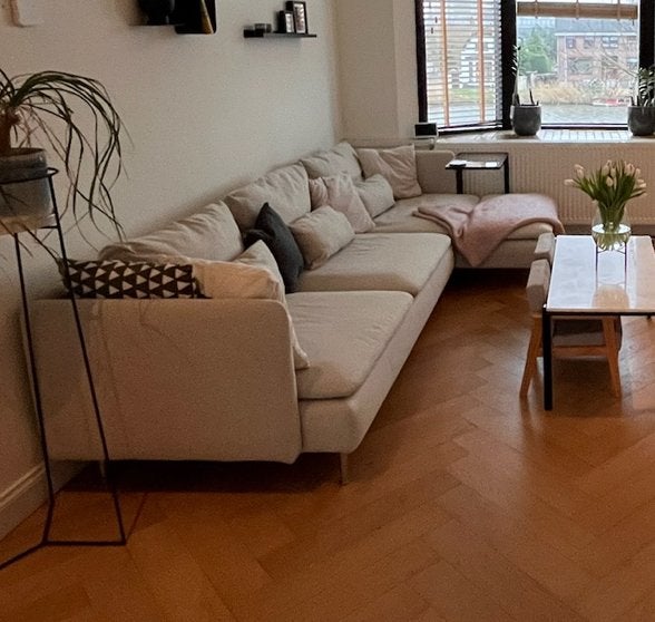 IKEA Söderhamn bank met chaise longue - beige stof, Ophalen, 250 tot 300 cm, Gebruikt, 100 tot 125 cm