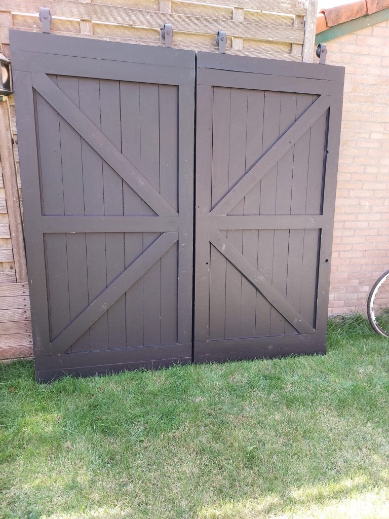 2x Barn deuren Zwart Hout, Binnendeur, Zo goed als nieuw, Schuifdeur, 200 tot 215 cm