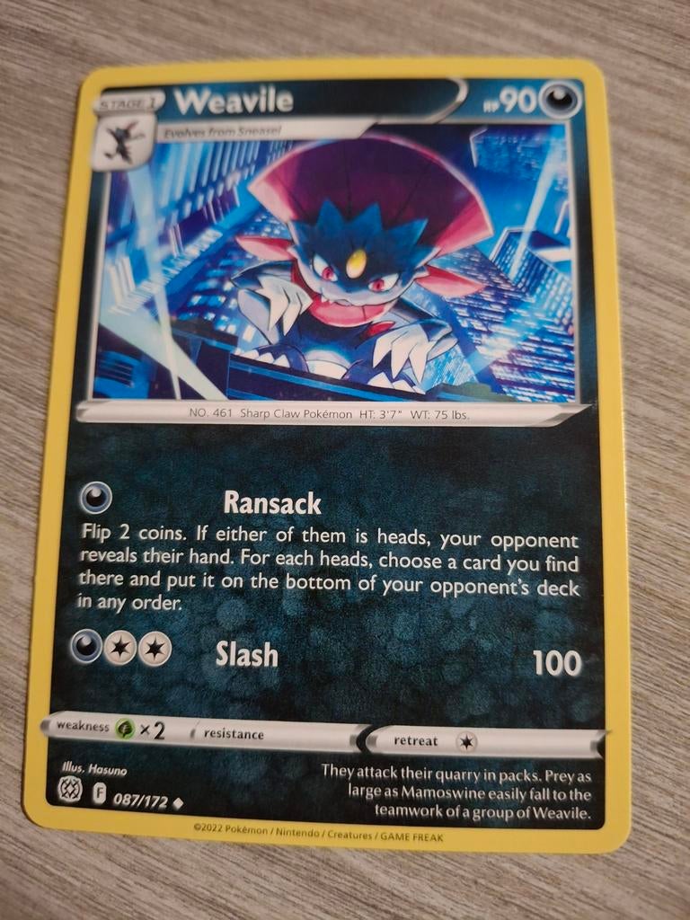 Pokémon Kaart Weavile 087/172 - Zo goed als nieuw, Ophalen of Verzenden, Zo goed als nieuw, Losse kaart
