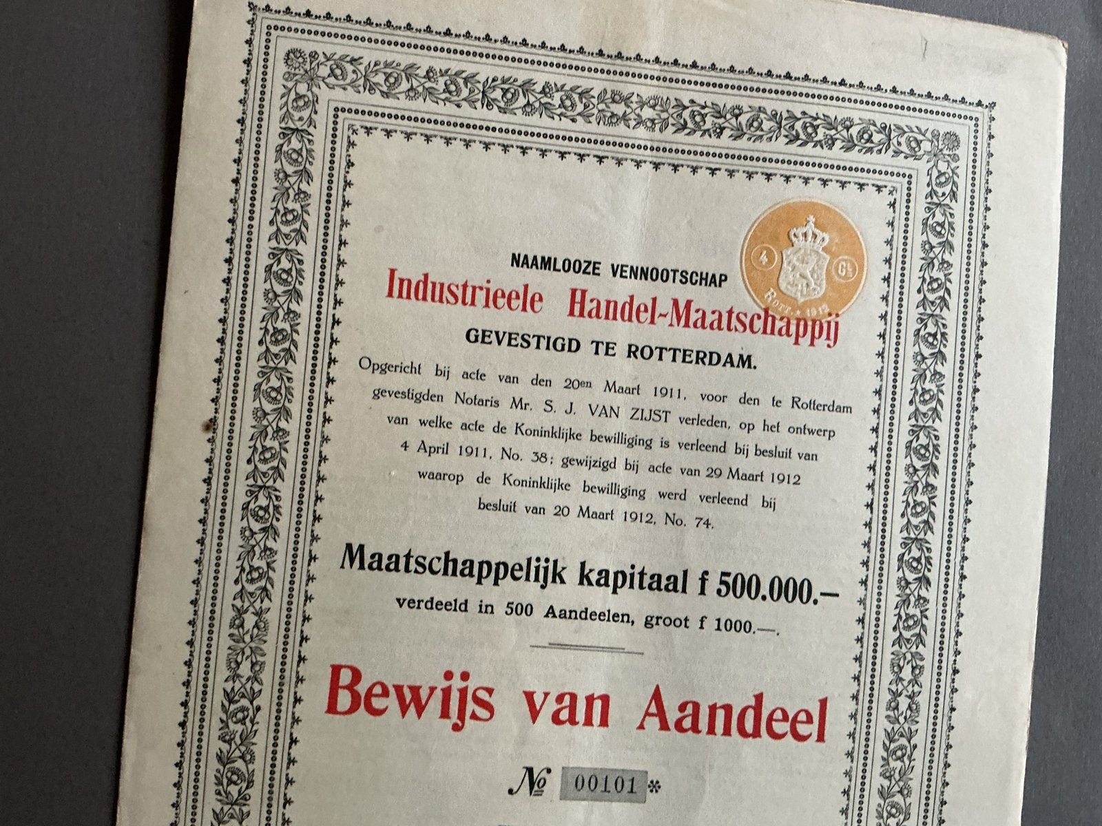 Aandeel Industrieele Handel-Maatschappij Rotterdam 1912, Postzegels en Munten, Aandelen en Waardepapieren, Verzenden, Voor 1920