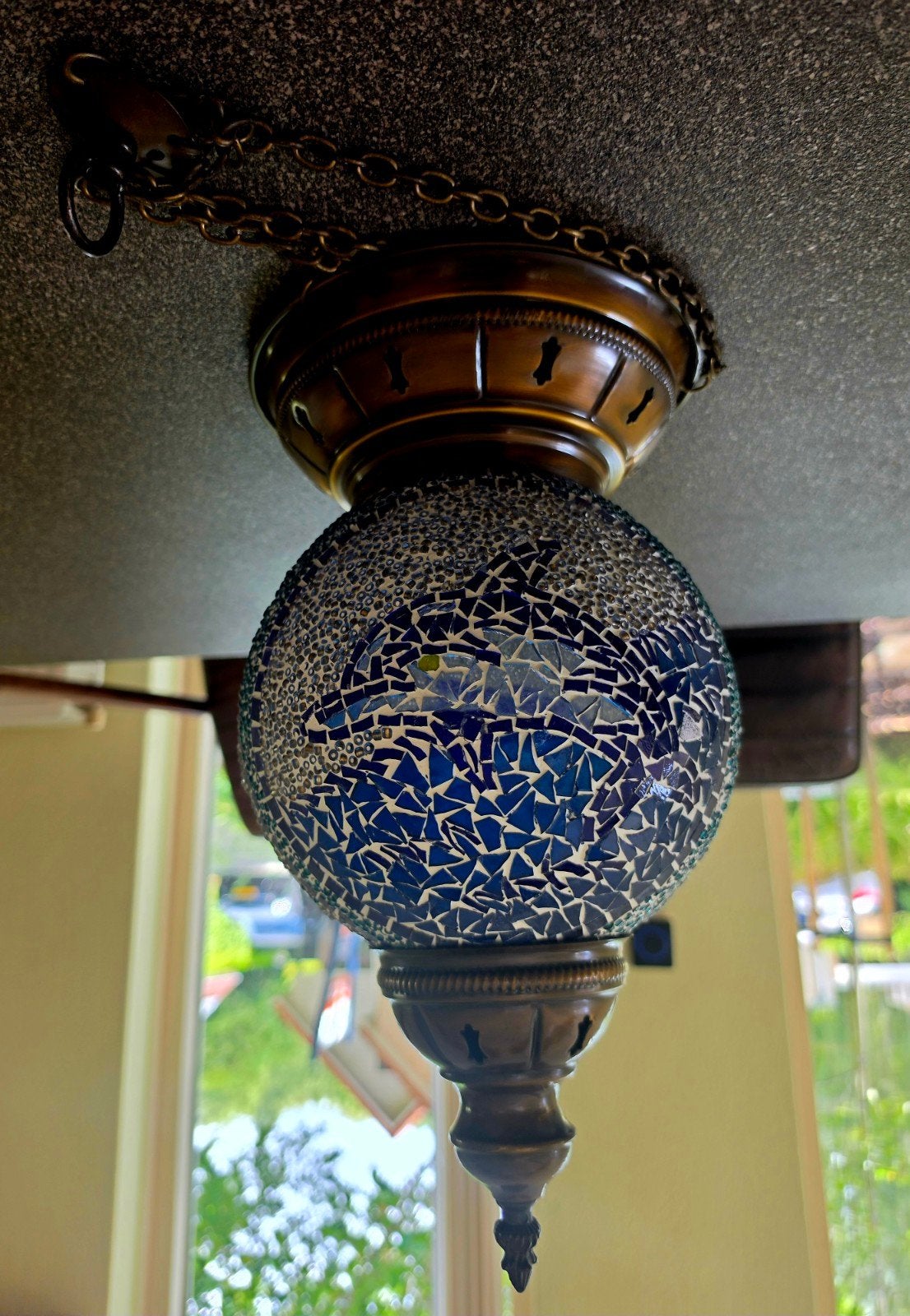 Handgemaakte Turkse Mozaïek Hanglamp – Dolfijn Motief, Huis en Inrichting, Lampen | Hanglampen, Ophalen, Zo goed als nieuw, Glas