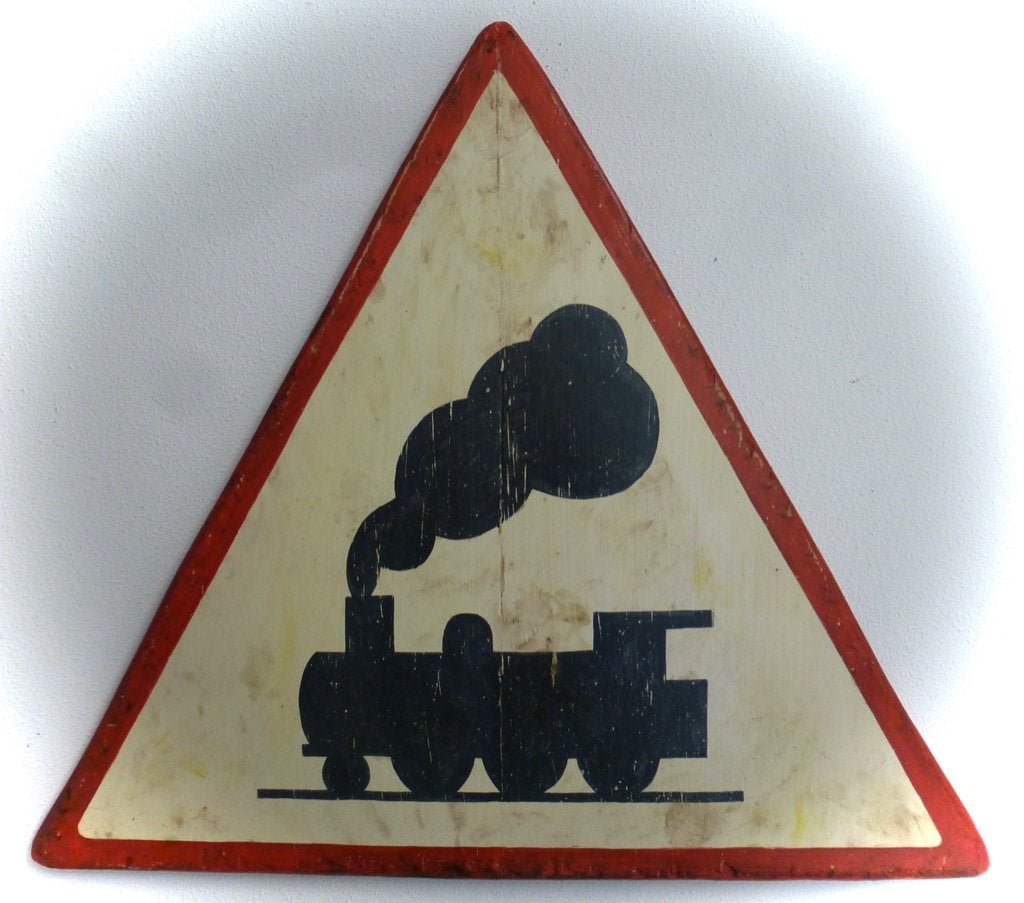 Handgeschilderd vintage bord / trein / spoorweg overgang, Trein, Overige typen, Ophalen of Verzenden, Zo goed als nieuw