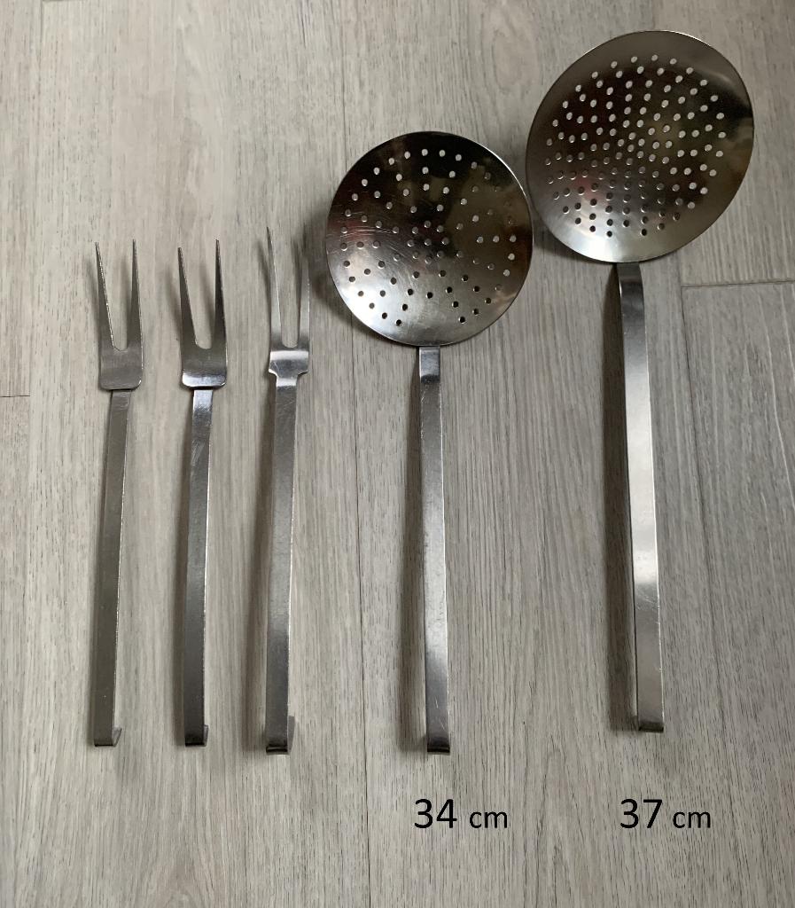 lepelrek delen, effen steel, 2 × schuimspaan, 3 × vleesvork, Ophalen of Verzenden, Gebruikt, Metaal