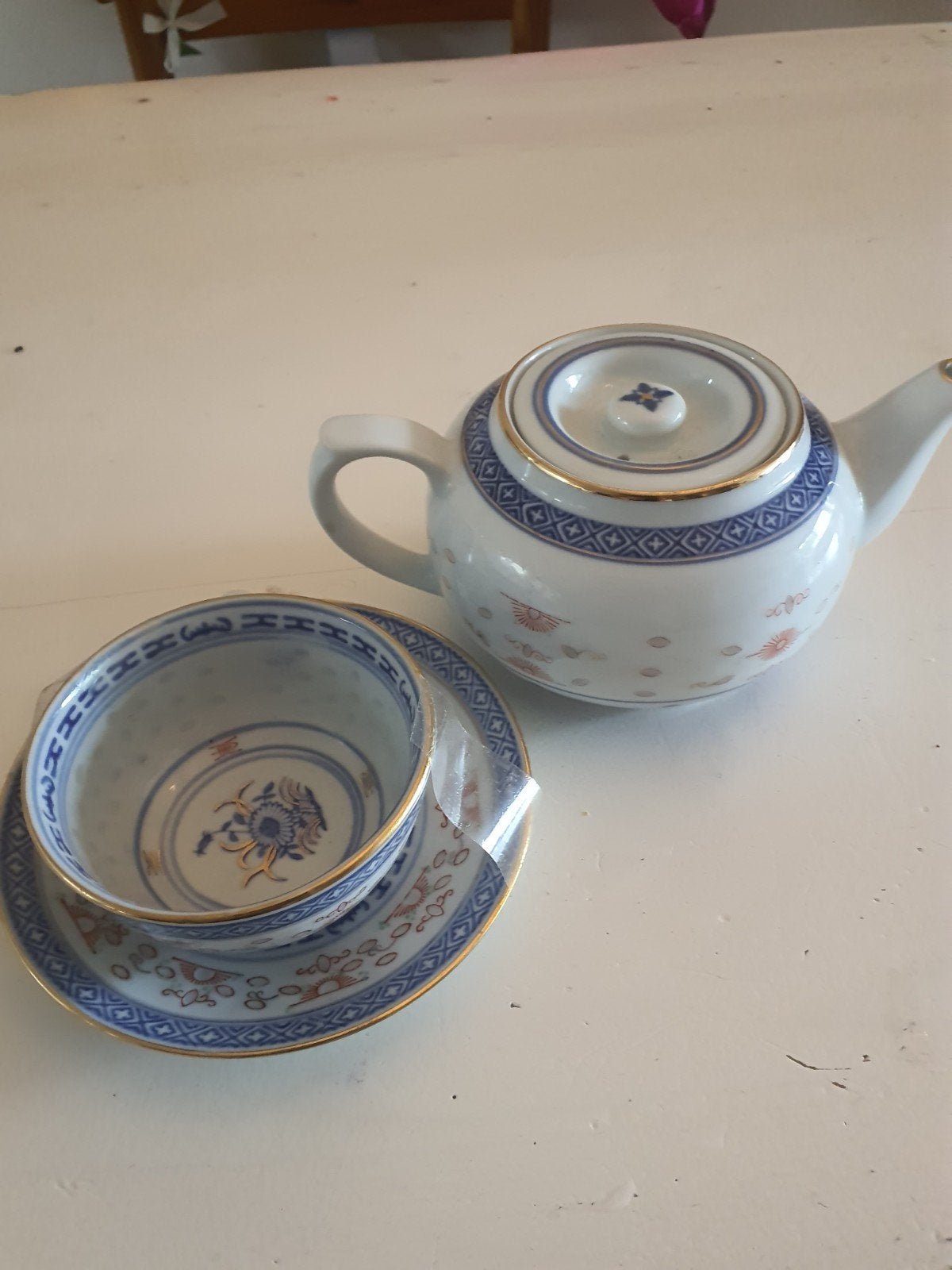 Vintage Chinees theeservies met rijstkorrel decor, Antiek en Kunst, Antiek | Porselein, Ophalen