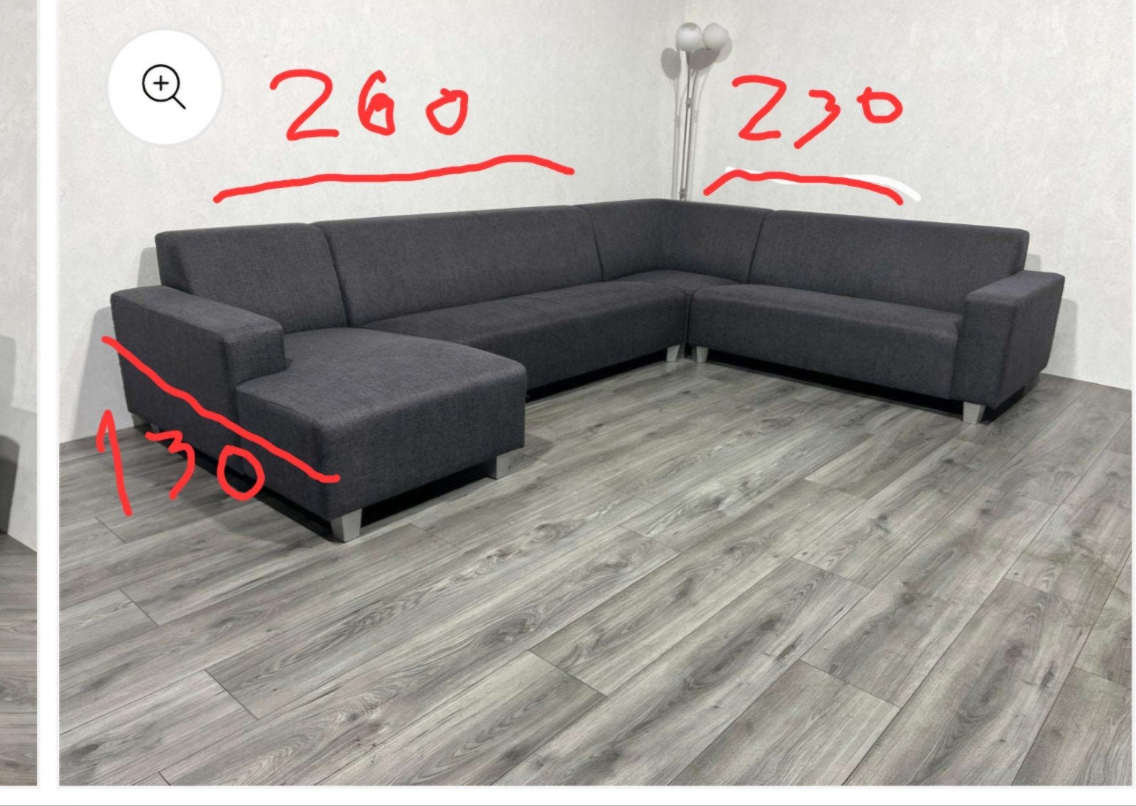 Donkergrijze U-vormige Hoekbank (260x230 130 cm), Ophalen, Tweepersoons