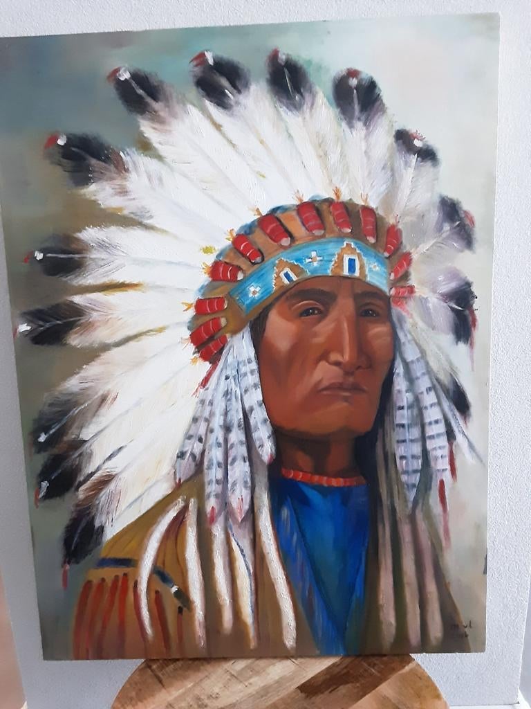 Olieverf Schilderij - Indiaan met Veren Hoofdtooi, Ophalen of Verzenden