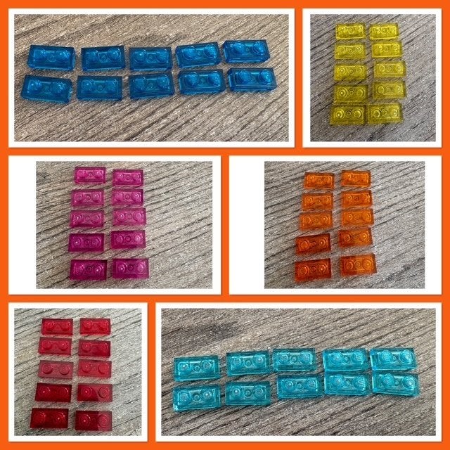 10x lego 1x2 plaatjes met nopjes transparant in 6 kleuren, Ophalen of Verzenden, Nieuw, Losse stenen, Lego