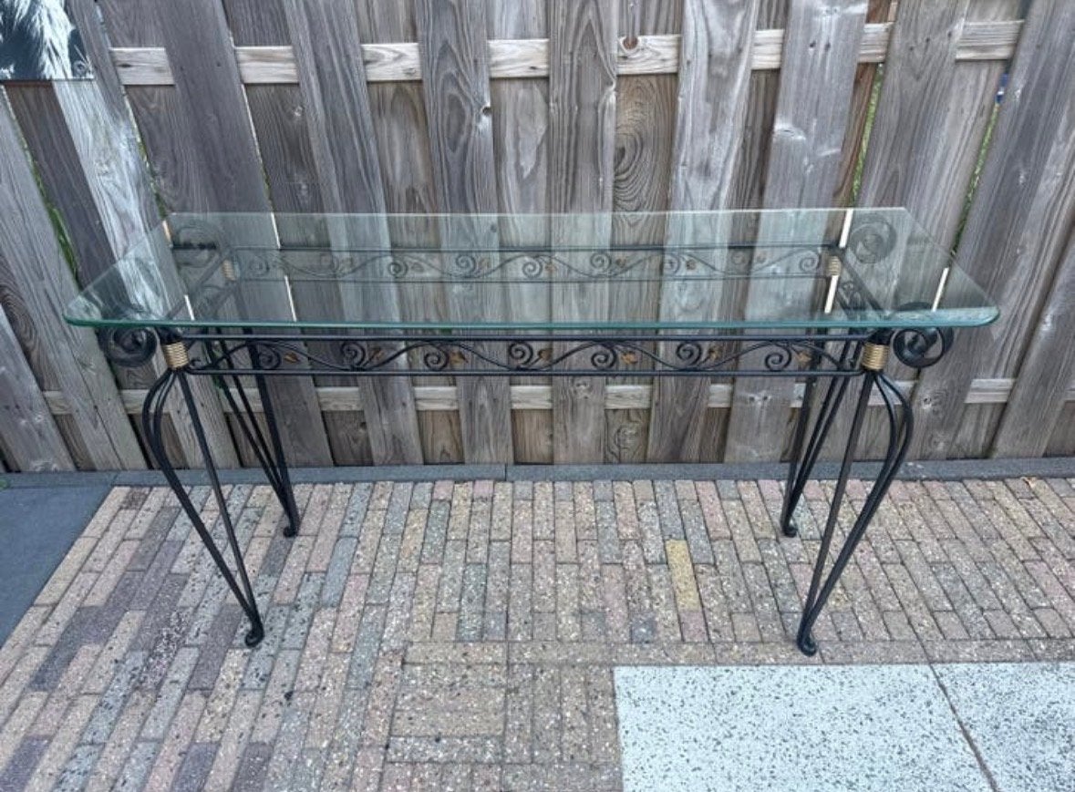 Smeedijzeren tafel met glazen blad, Ophalen, Gebruikt, Metaal of Aluminium, 75 cm of meer