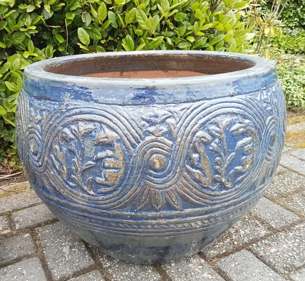 Grote geglazuurde potten stras old bleu in drie maten., Ophalen, Overige materialen, Minder dan 60 cm, Rond