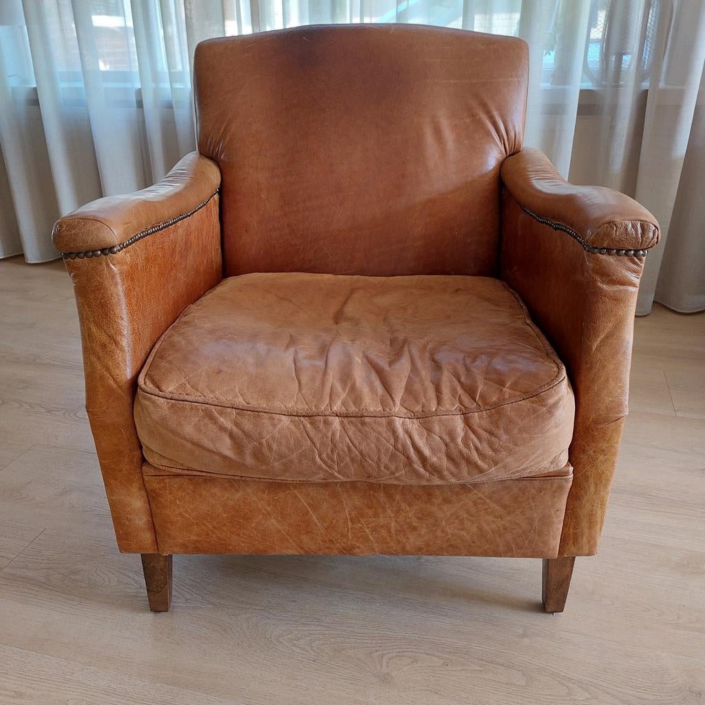 2 leren clubfauteuils, Ophalen, Gebruikt, 75 tot 100 cm, Klassiek, Vintage