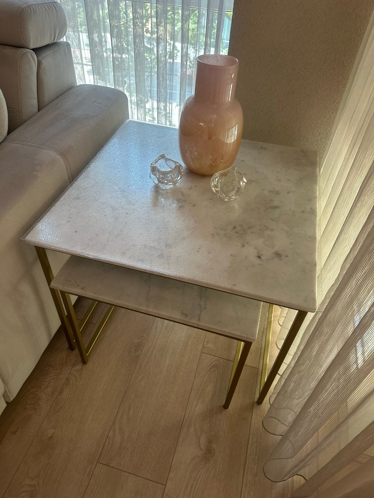 Echte marmeren salontafel goud zgan 2 stuks, Rond, Zo goed als nieuw, Metaal, 50 tot 100 cm