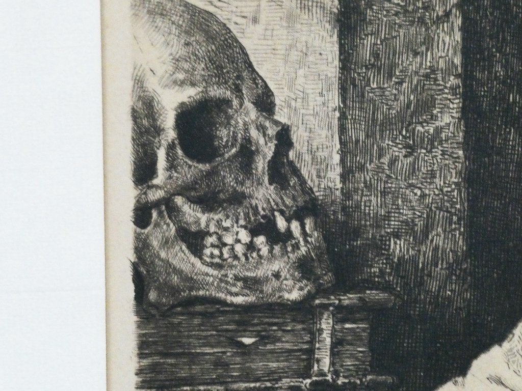 Biddende Kluizenaar met schedel van Willem Geets gesigneerd, Antiek en Kunst, Kunst | Etsen en Gravures, Ingelijst, 1800 - 1899