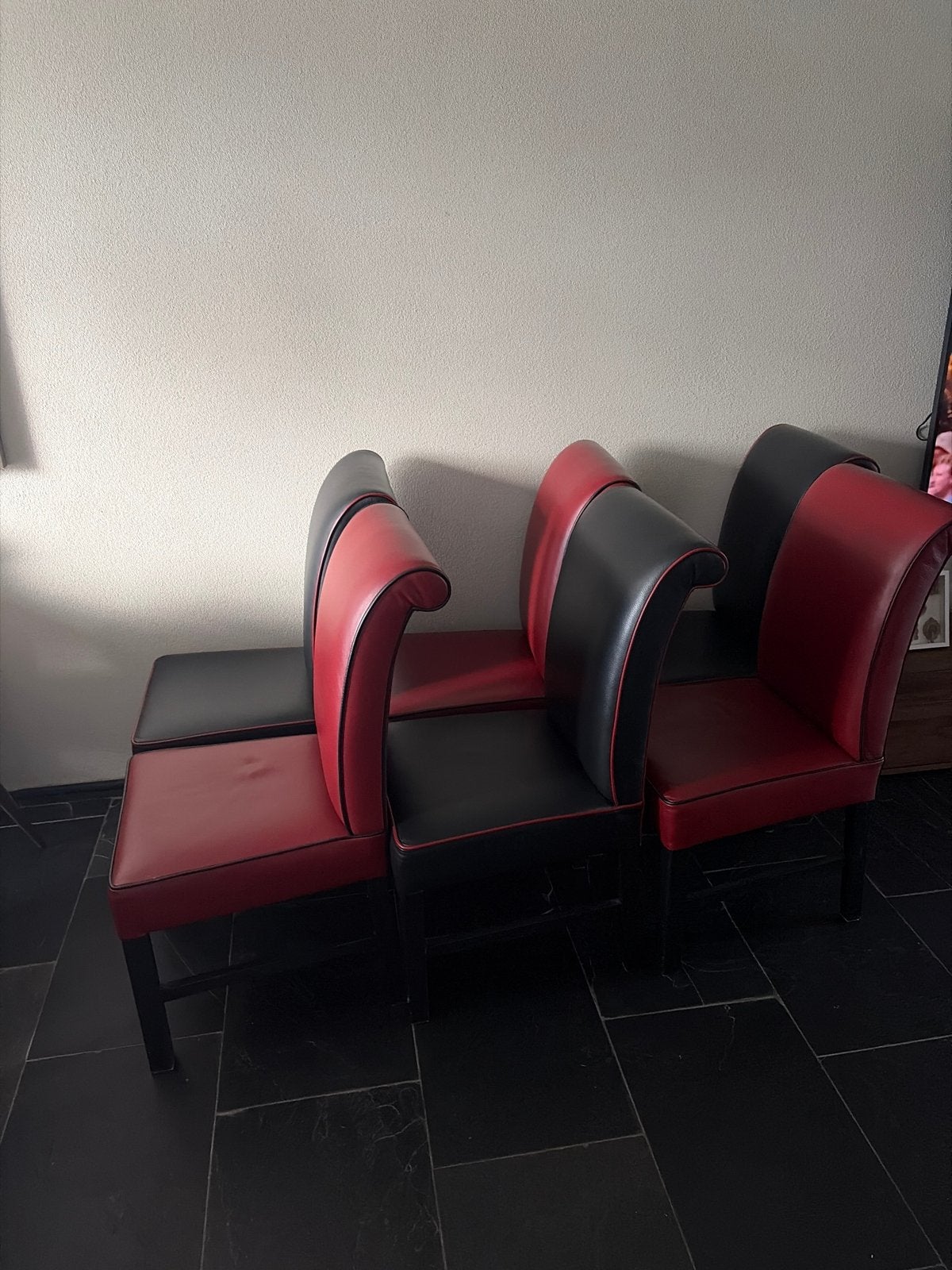 Set van 6 retro stoelen - rood en zwart kunstleer, Kunststof, Gebruikt, Ophalen of Verzenden, Vijf, Zes of meer stoelen