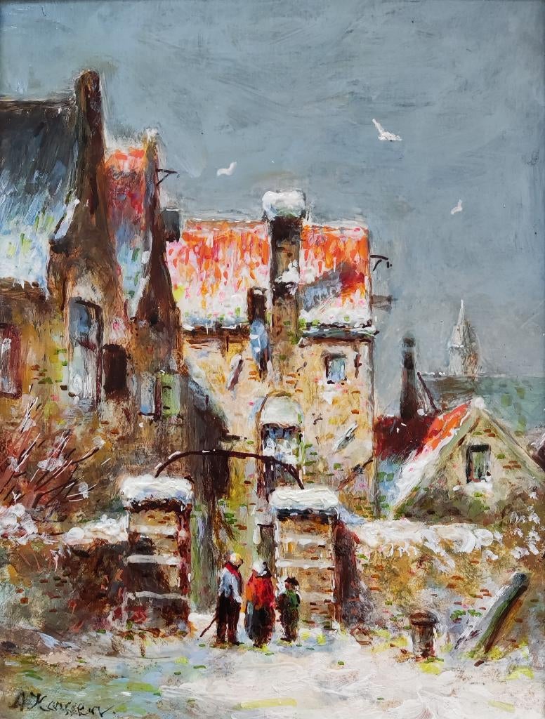 Hollandse school (XX) 'A. Karssen' - Winters dorpsgezicht, Antiek en Kunst, Ophalen of Verzenden