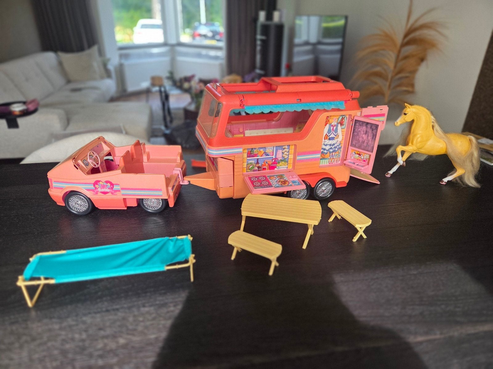 Barbie vintage auto met paardentrailer, Ophalen of Verzenden, Gebruikt
