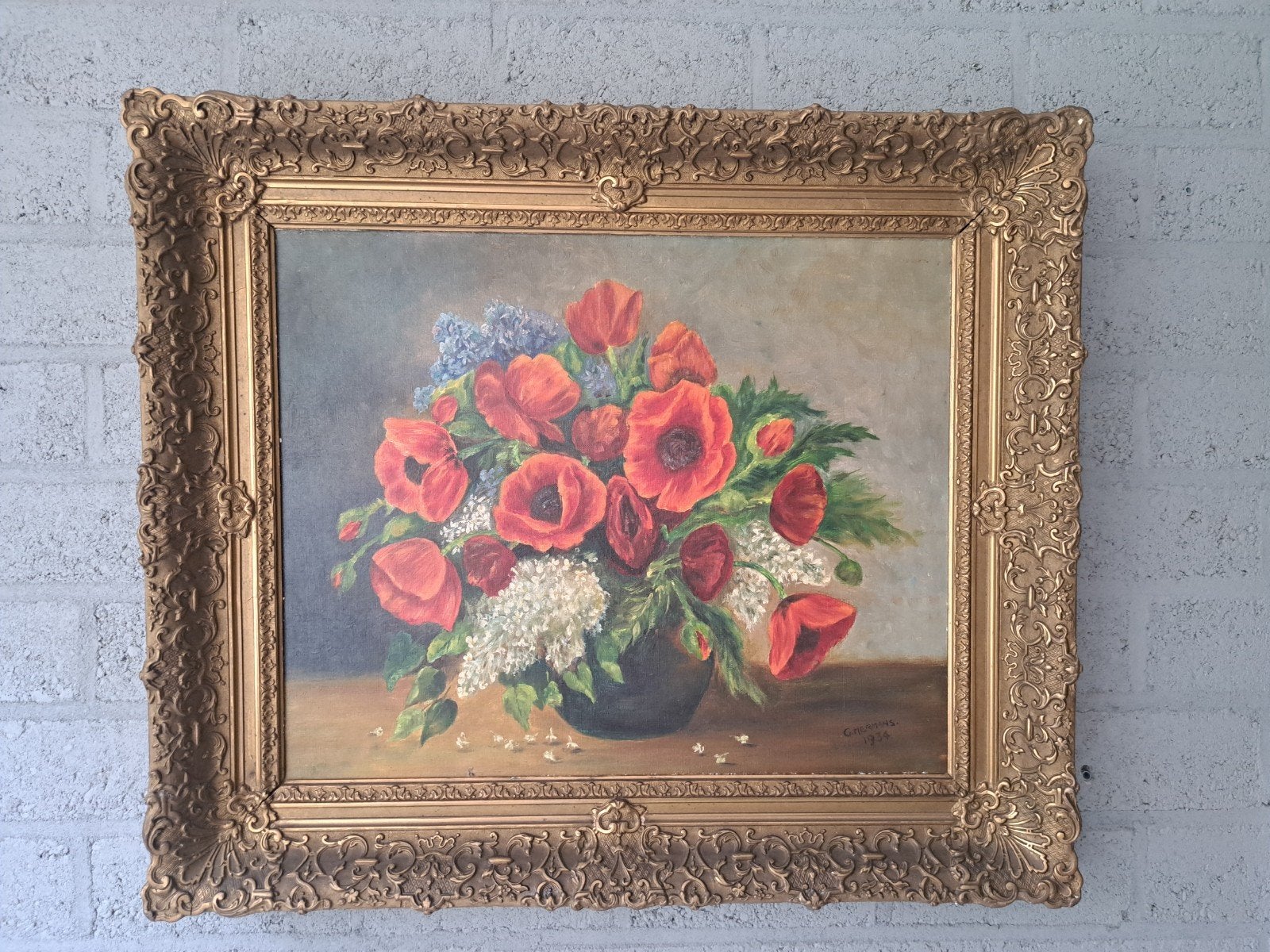 Olieverfschilderij Stilleven met Klaprozen en Sering, 1934, Ophalen of Verzenden