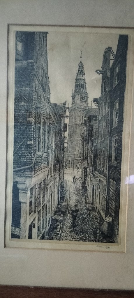 Ets van steeg met Westertoren, gesigneerd H. Mensink, Antiek en Kunst, Ophalen, Ets, Prent, Ingelijst
