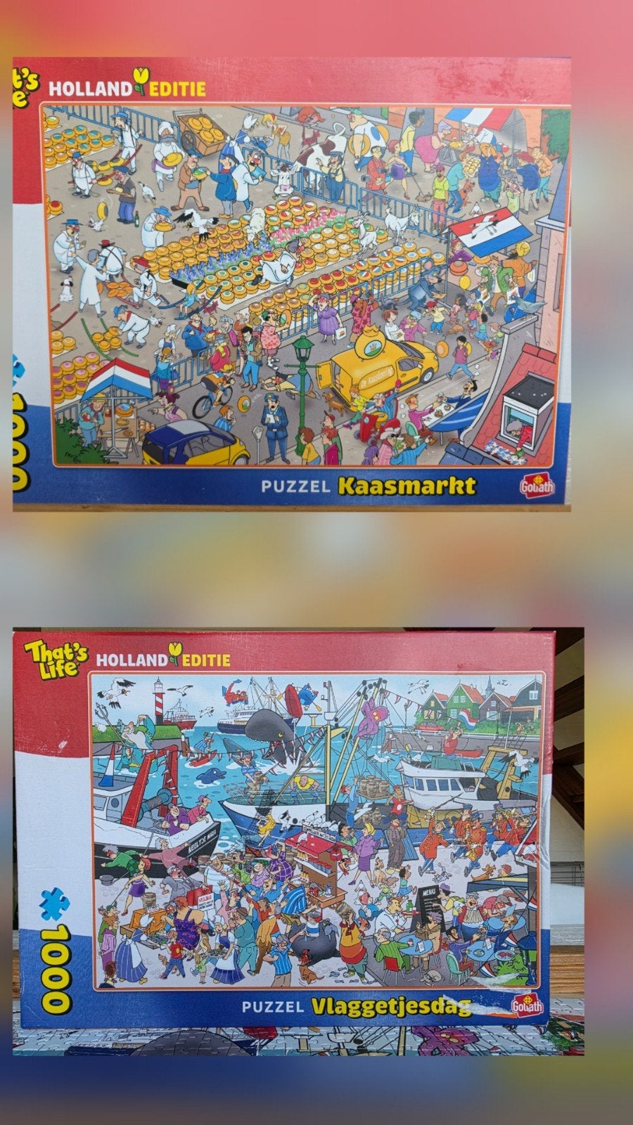 DE KAASMARKT& Vlaggetjesdag  : 2 mooie puzzels thats life, Ophalen of Verzenden, 500 t/m 1500 stukjes, Zo goed als nieuw, Legpuzzel