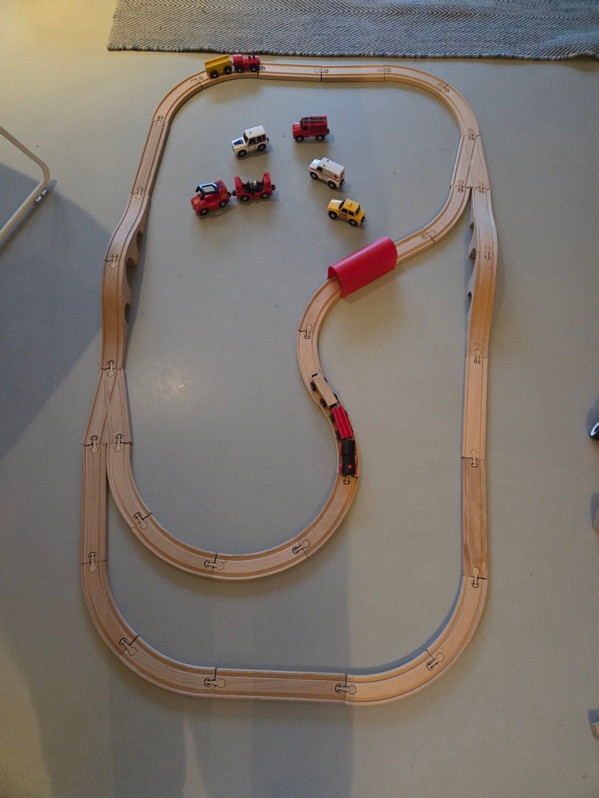 Houten Treinset met Bruggen, Tunnel en Voertuigen, Ophalen of Verzenden, Gebruikt