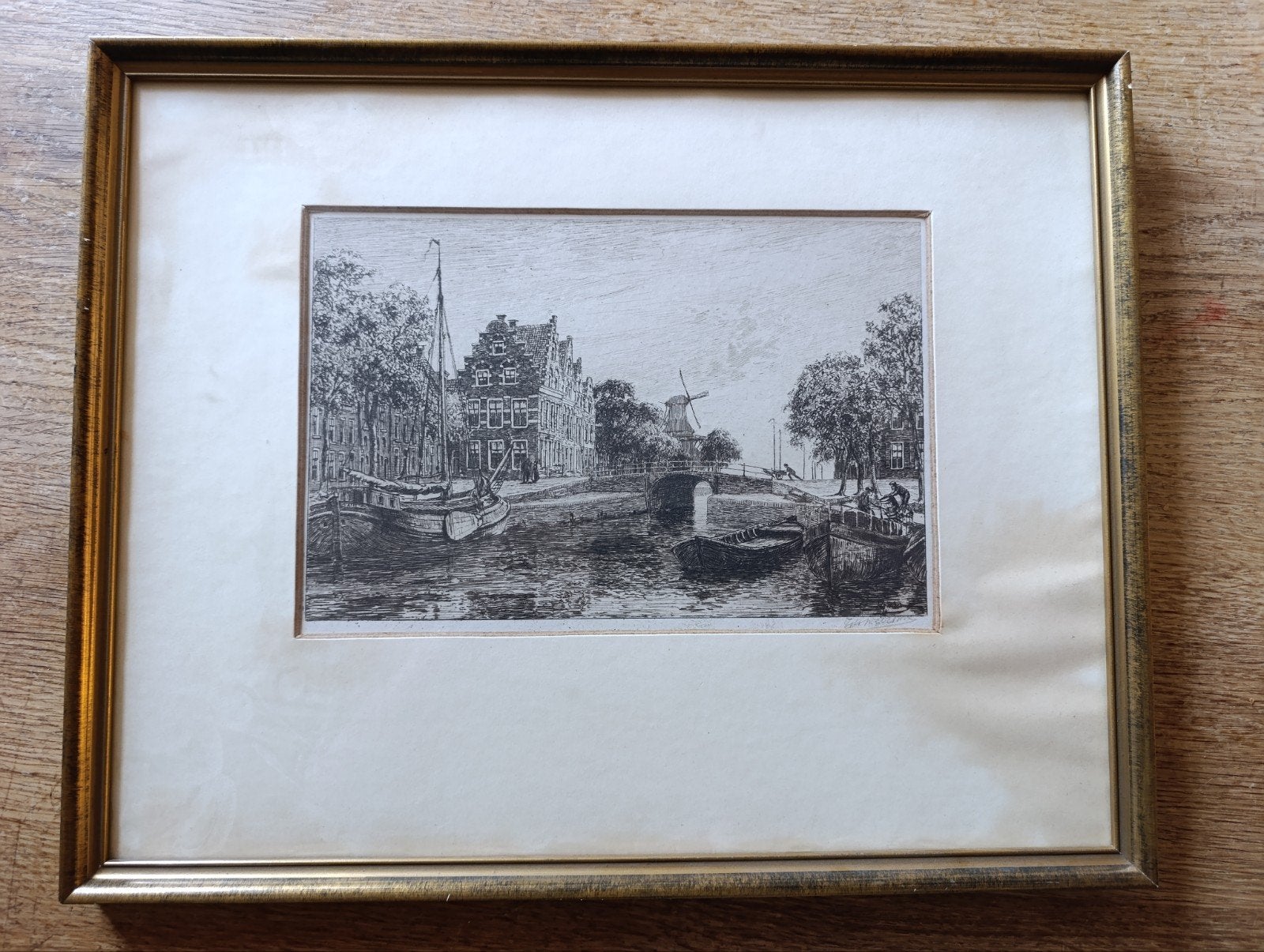 getekende ets Ids Wiersma – Dokkum, Groot Diep en Zijl 1924, Ingelijst, Ets, Stadsgezicht, Ophalen of Verzenden
