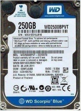 Western Digital Scorpio Blue WD2500BPVT 250GB HDD 2.5" SATA, Computers en Software, Intern, Gebruikt, HDD, Ophalen of Verzenden