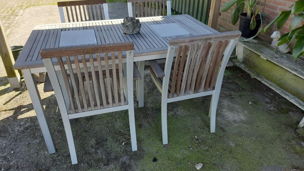 Teakhouten en aluminium tuinset met 4 bijpassende stoelen, Tuin en Terras, Ophalen, Gebruikt, 6 zitplaatsen, Teakhout
