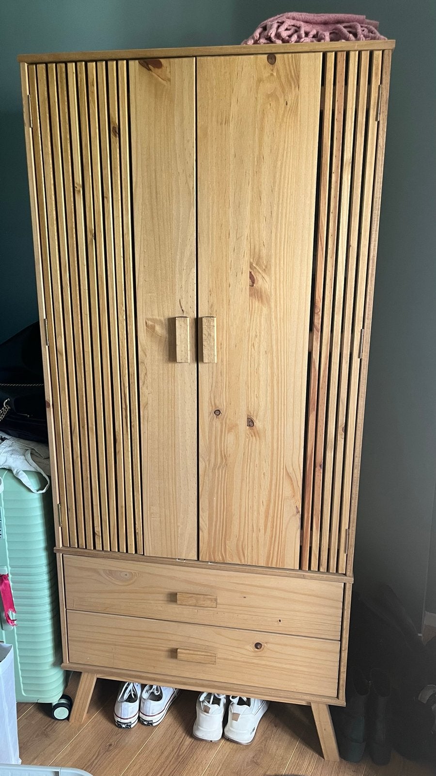 Houten kledingkast met lades en hangruimte, Ophalen, Gebruikt, 50 tot 100 cm, Met lade(s)