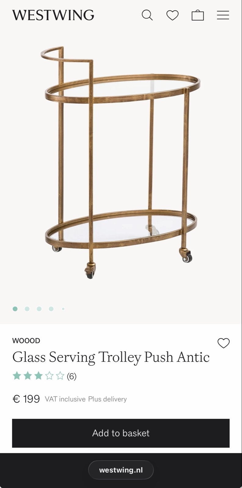 Westwing Serveerwagen Push Antiek Goud, Ophalen, Metaal of Aluminium, 55 tot 75 cm, Zo goed als nieuw