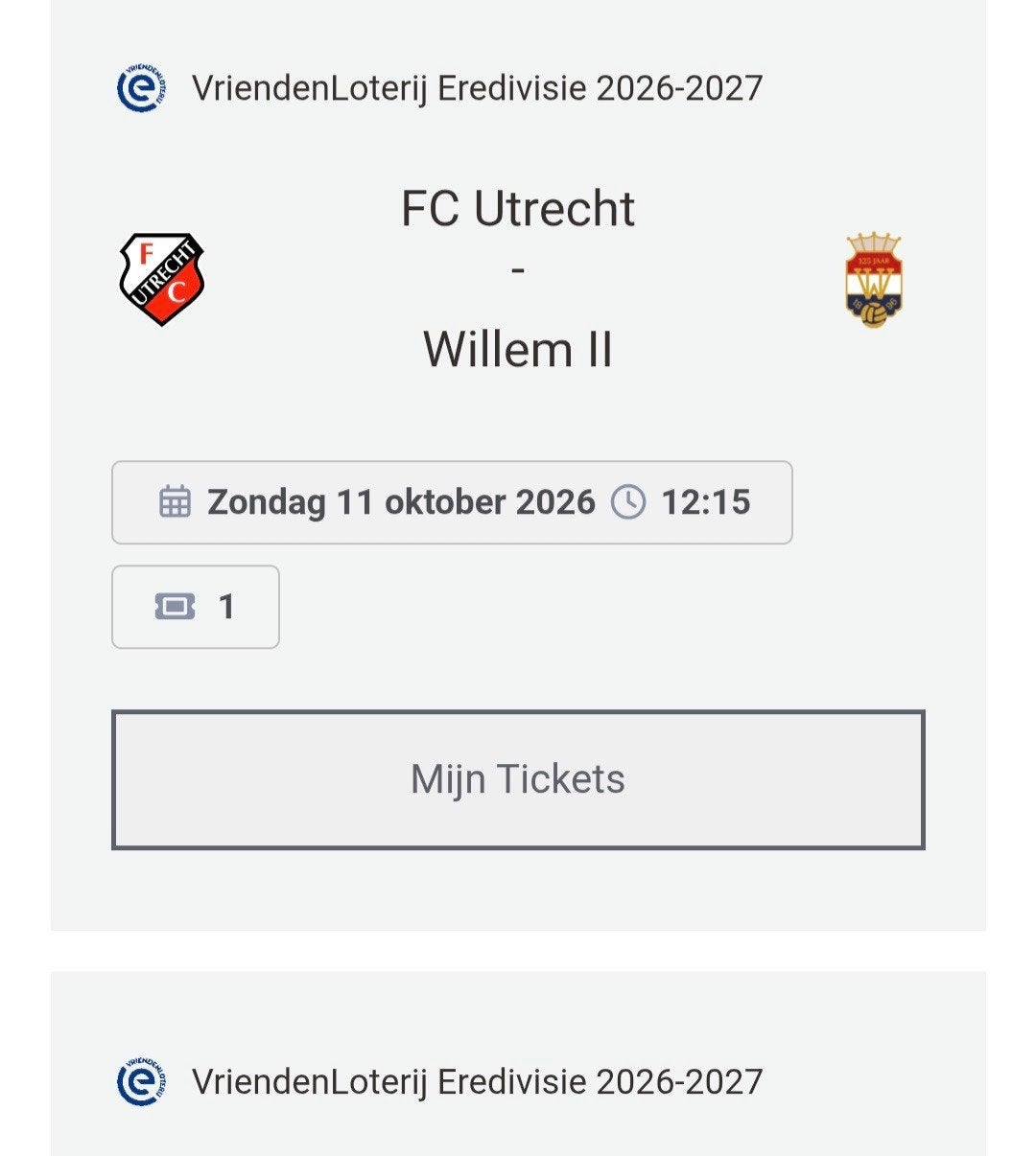 fc utrecht willem II ticket bunnikside, Losse kaart, Eén persoon, Oktober